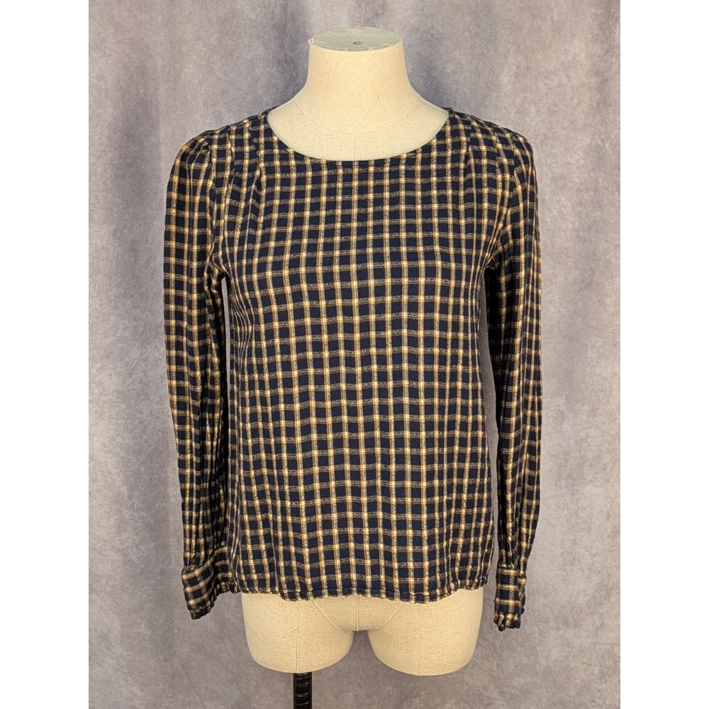 Loft Womens XS Navy Blue Gold Plaid Metallic Shimmer Long Sleeve Blouse Top C117